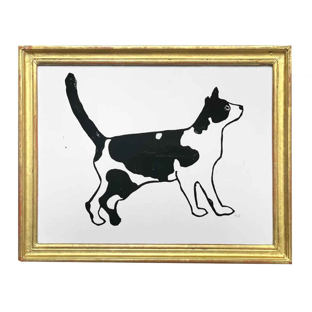 "Black and White Cat with Tail Up" in Vintage Frame, $750