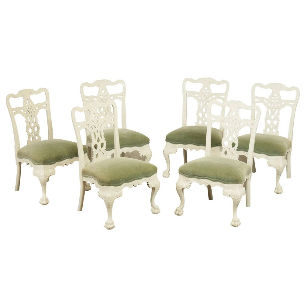 Georgian Style Set 6 White Lacquered Carved Dining Chairs, $1,895, Etsy