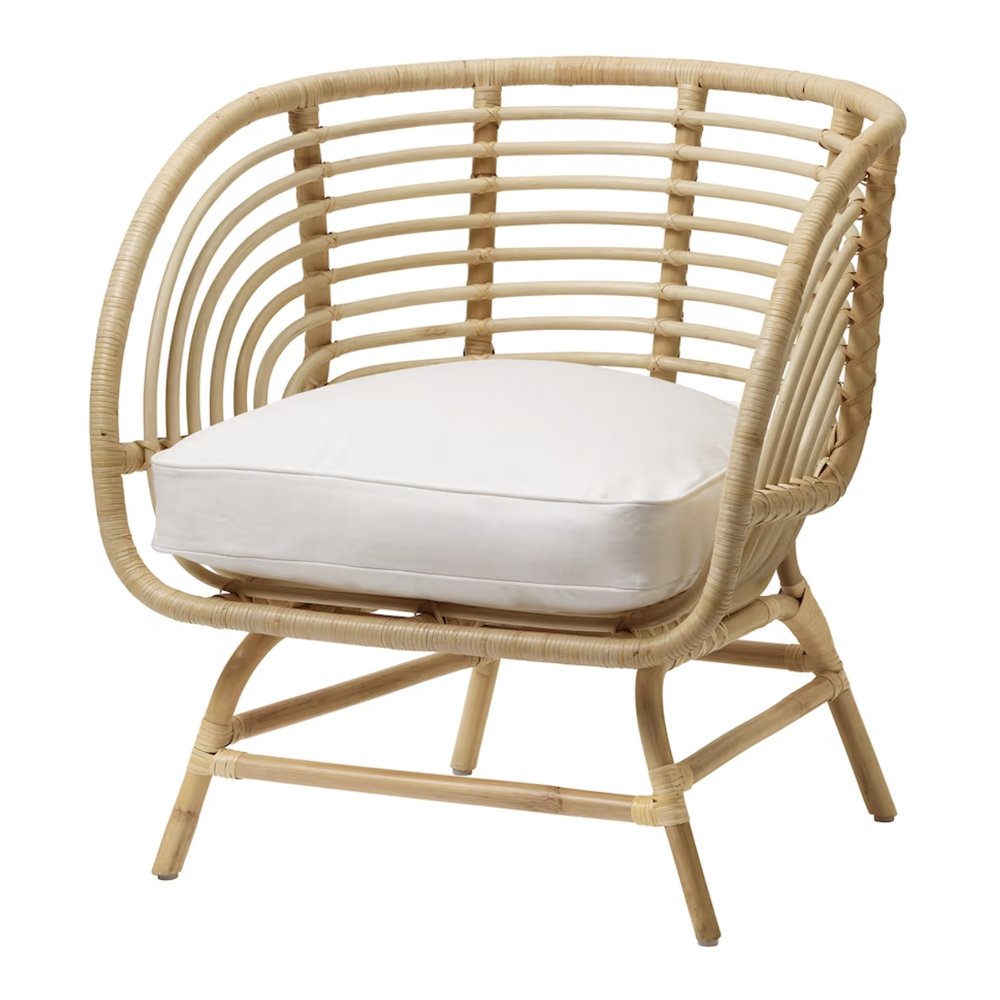 BUSKBO Armchair, rattan/Djupvik white, $279, Ikea