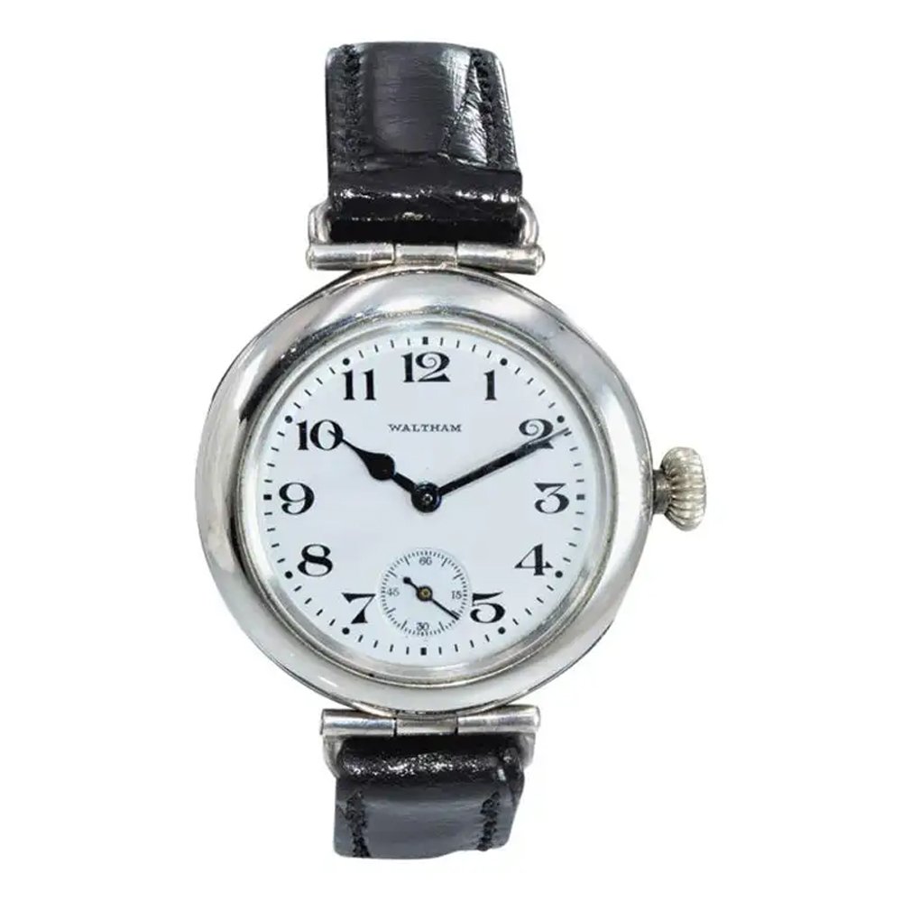 Waltham Silver Campaign Style Manual Wristwatch from 1918 with Enamel Dial, $2,200, 1stDibs