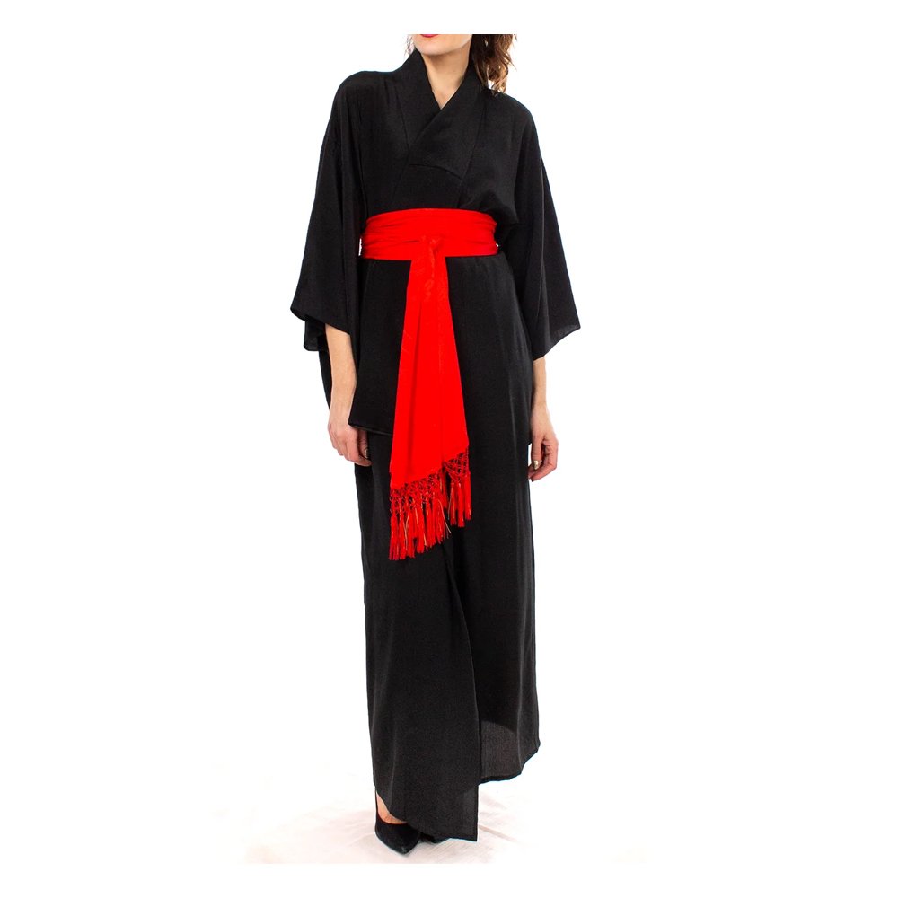 Black Sheer Silk Kimono with Red Crane Sash, $195, Iki Kimono NYC