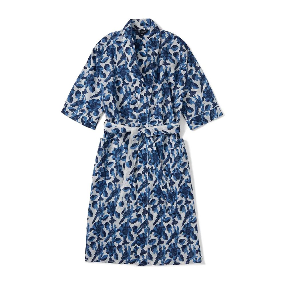 Blue &amp; White Stylized Birds Cotton Robe, $79, The Met Store